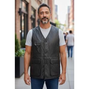 Vintage SCLI Men's Black Leather Vest Multi-Pocket Biker Moto Fishing Size L/52